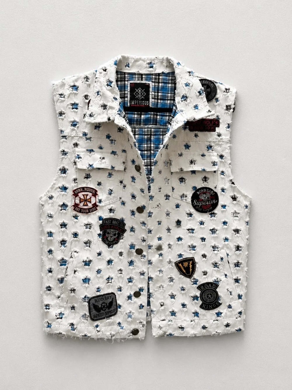 Imperious Biker, Motorcycle White Star-Print Patchwork Denim Vest